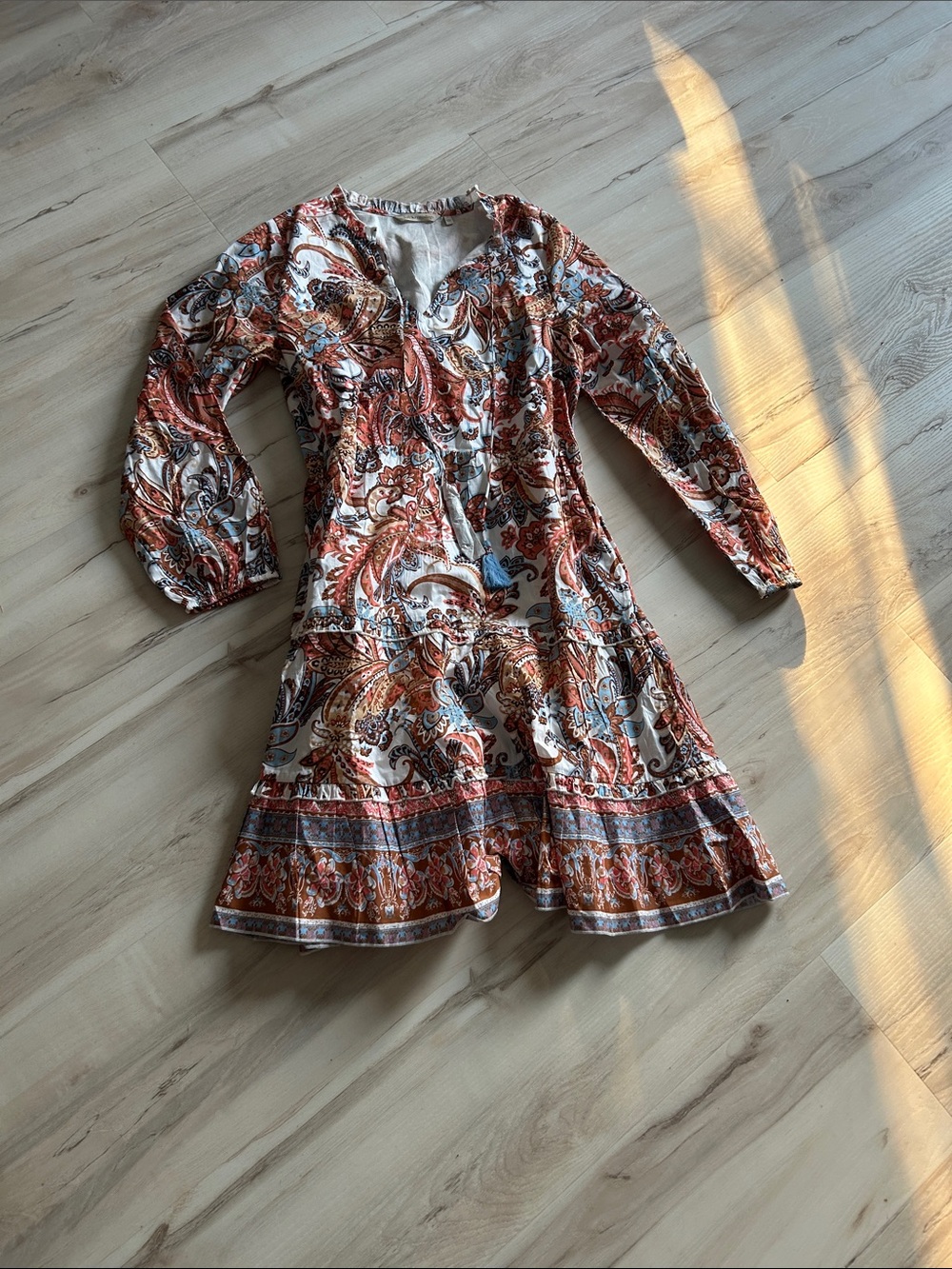 Soft Surroundings Rust Multi Paisley Tiered Long-Sleeve Dress